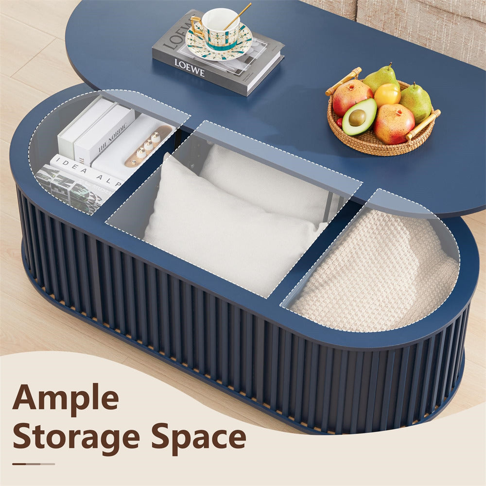 Blue multi-functional table with storage compartments and a Loewe product on top.