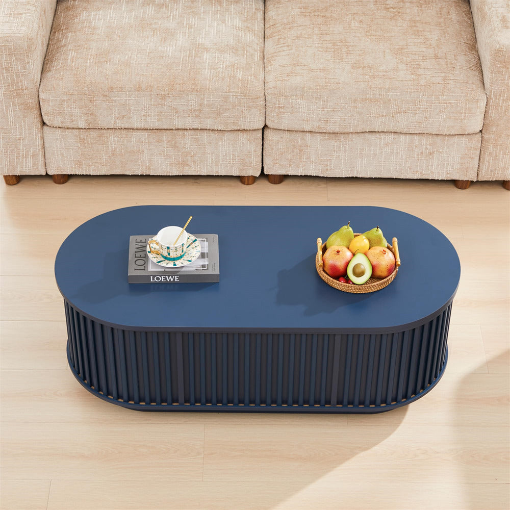 Blue coffee table with decorative items in a living room setting