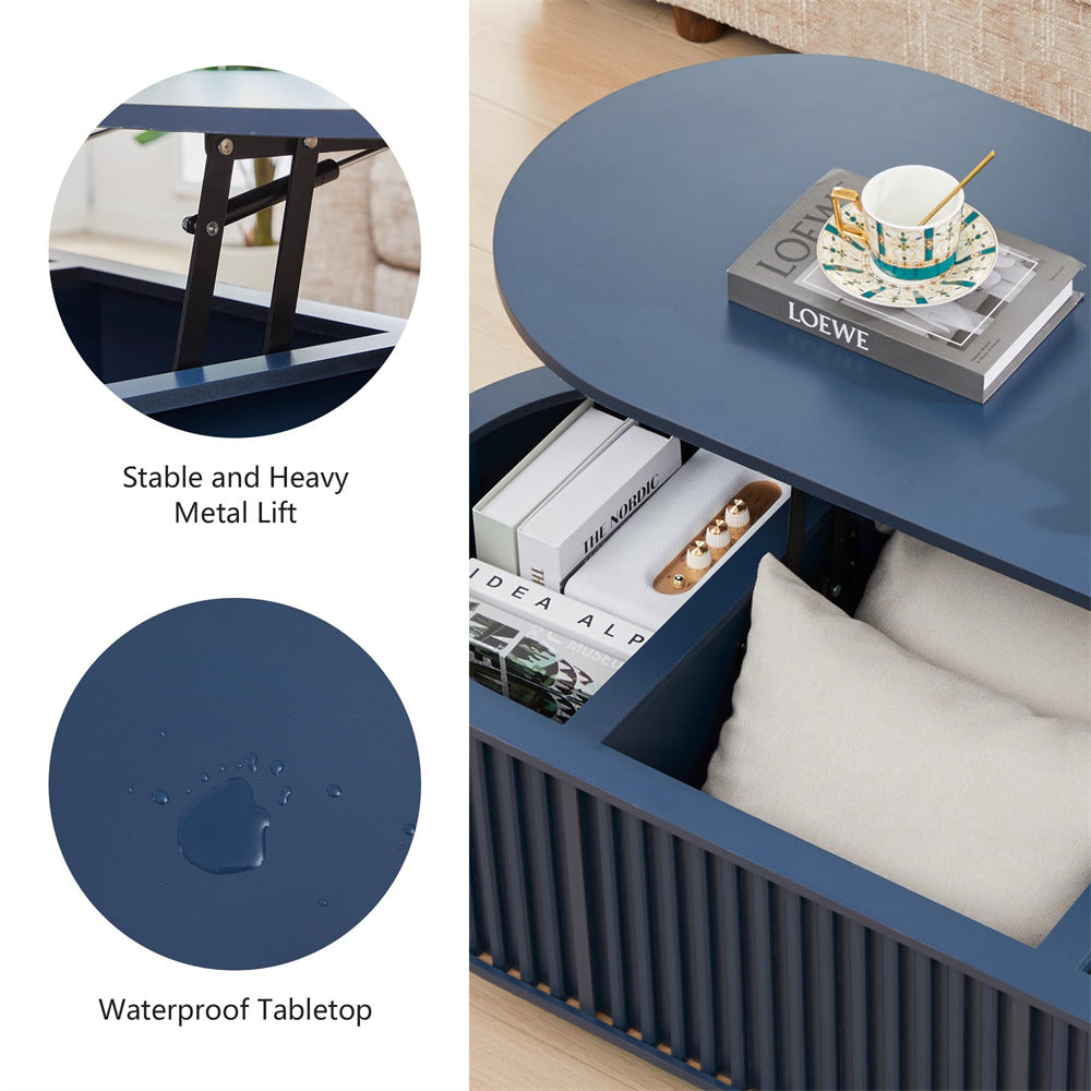 Blue coffee table with storage compartments, showing stability, waterproof top, and brand 'LOEWE'.