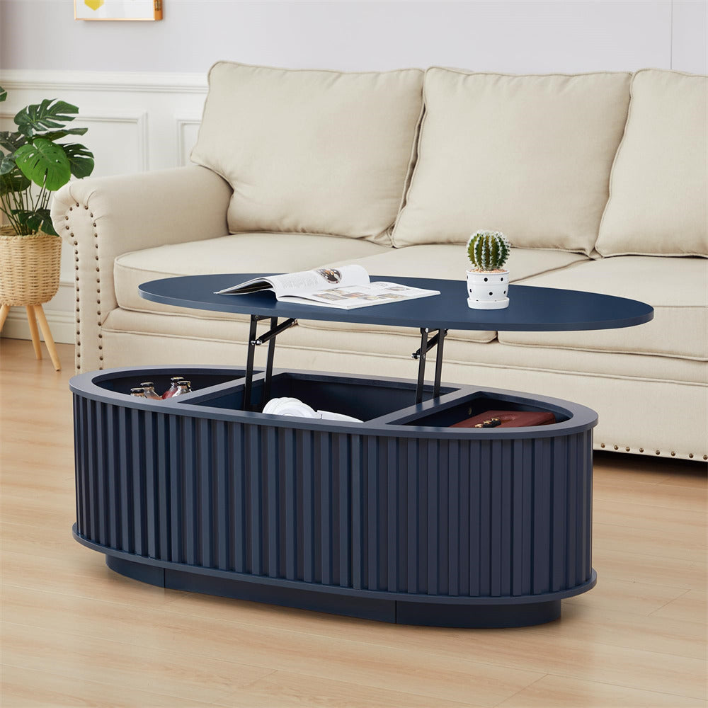 Blue 43.3'' Oval Fluted Wooden Coffee Table with Hidden Storage Compartment