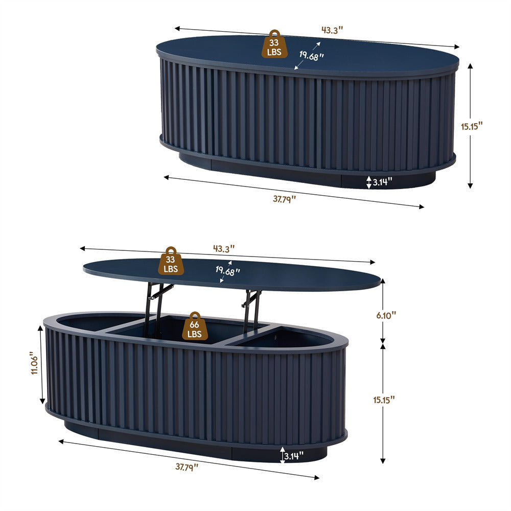 Blue 43.3'' Oval Fluted Wooden Coffee Table with Hidden Storage Compartment Size