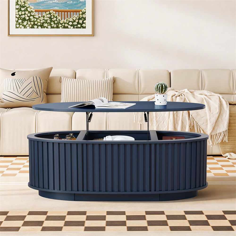 Blue 43.3'' Oval Fluted Wooden Coffee Table with Hidden Storage Compartment
