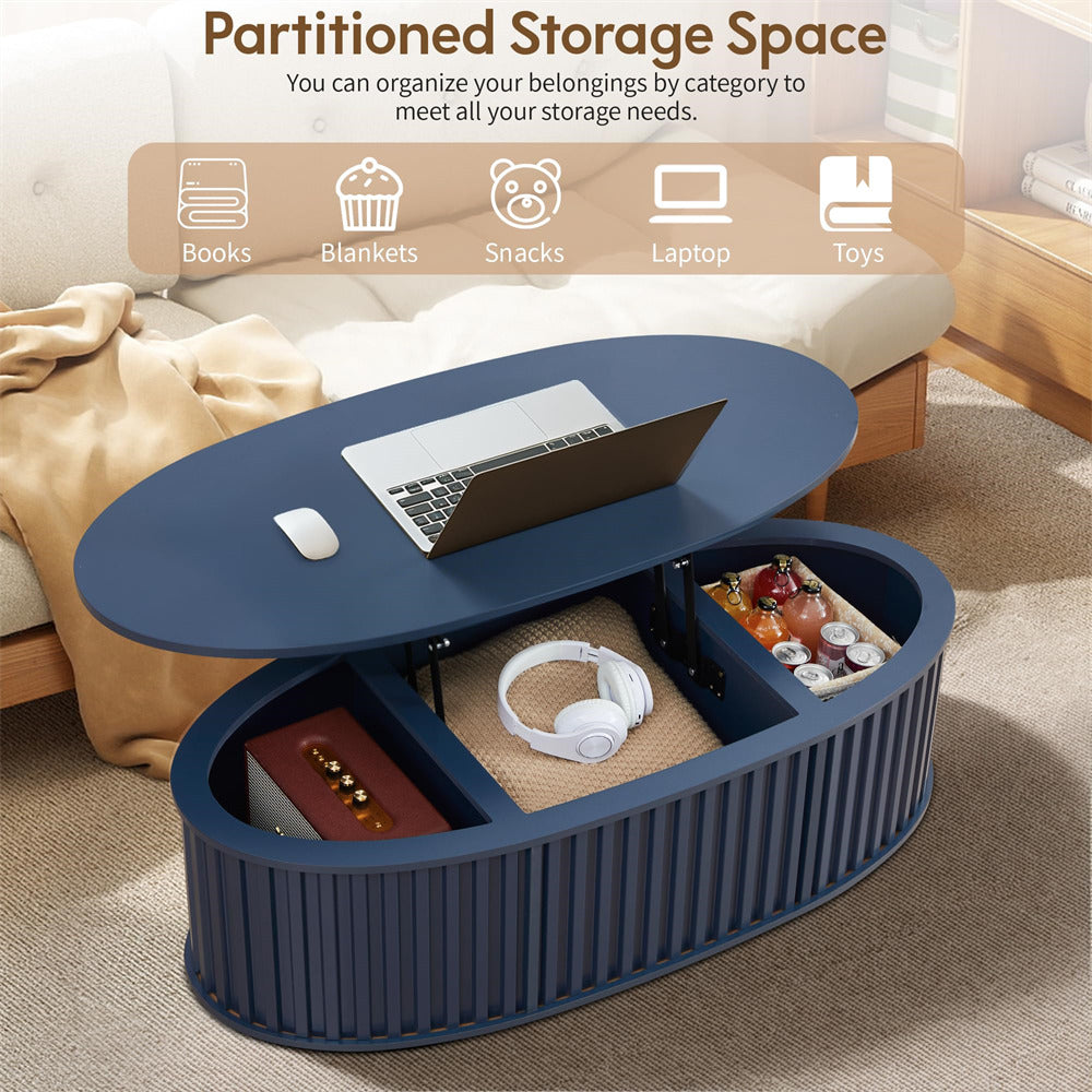 Blue 43.3'' Oval Fluted Wooden Coffee Table with Hidden Storage Compartment