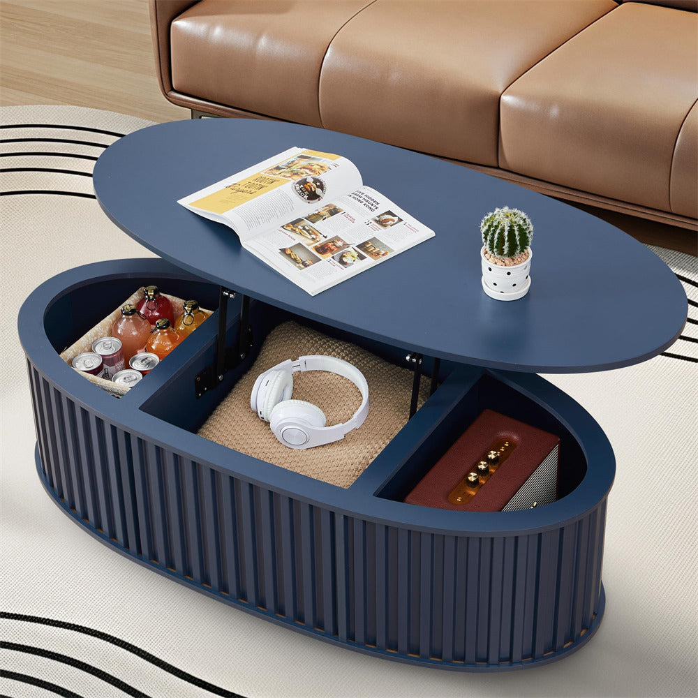 Blue 43.3'' Oval Fluted Wooden Coffee Table with Hidden Storage Compartment