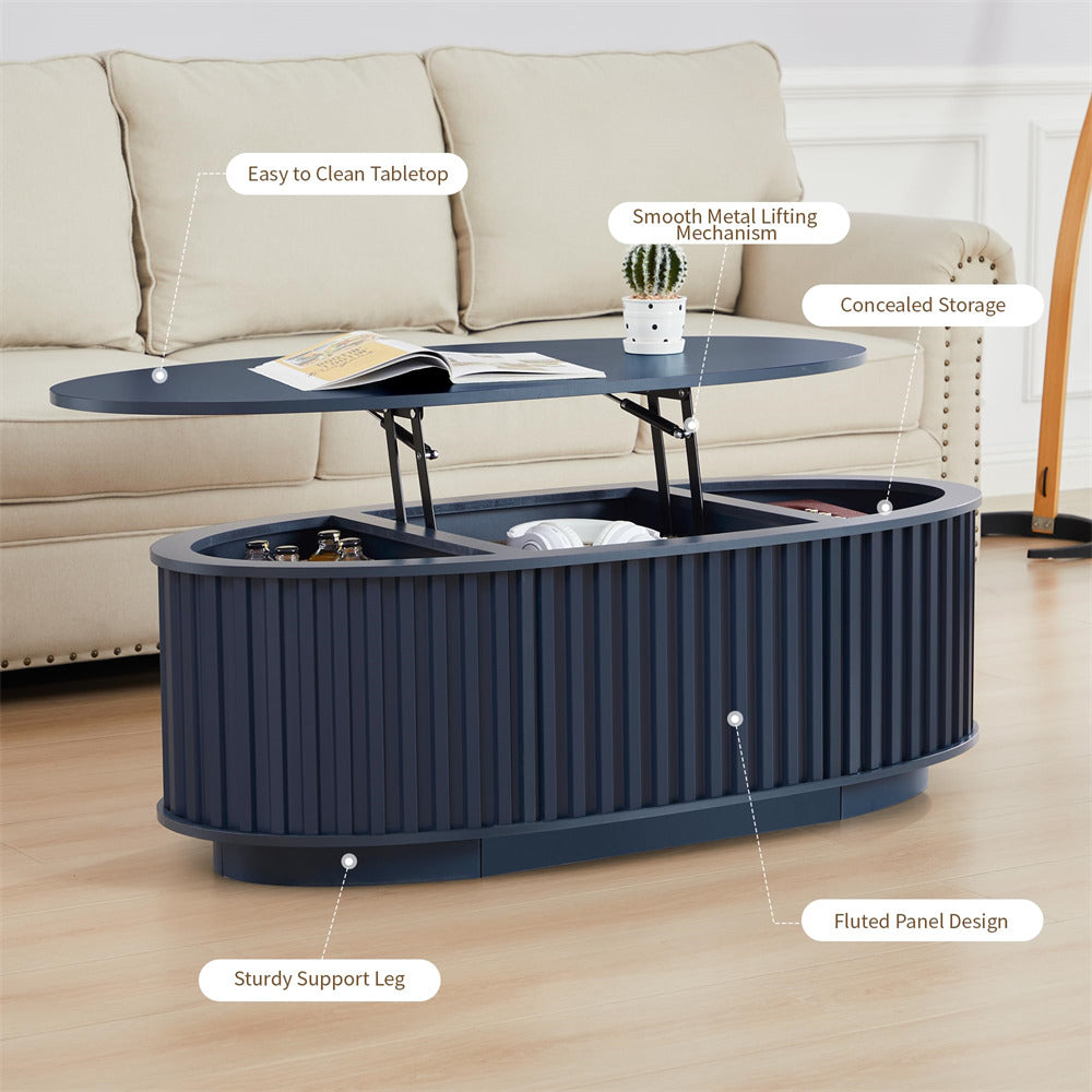 Blue 43.3'' Oval Fluted Wooden Coffee Table with Hidden Storage Compartment