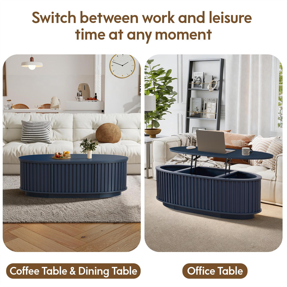 Blue 43.3'' Oval Fluted Wooden Coffee Table with Hidden Storage Compartment