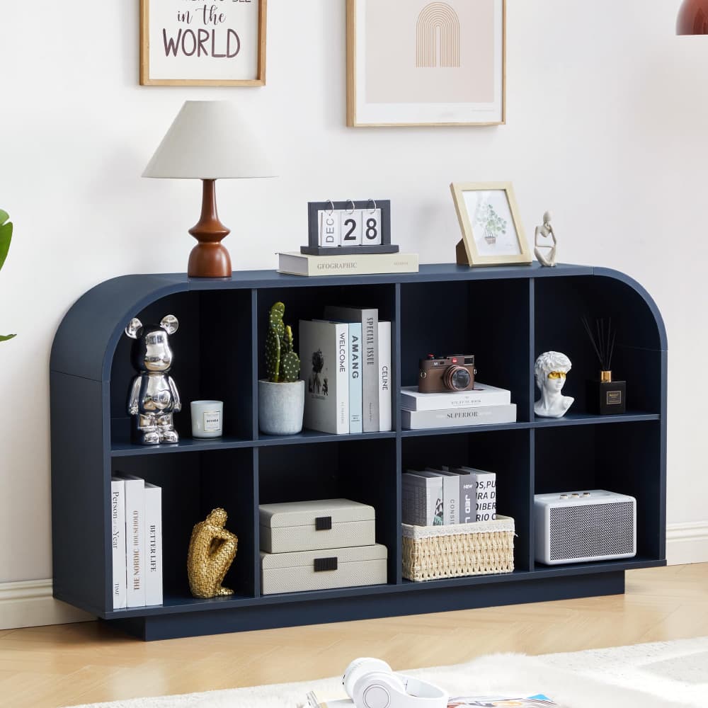 Blue 55.1" L Low Wooden Bookcase 8 Cube Storage Organizer with Curved Edge