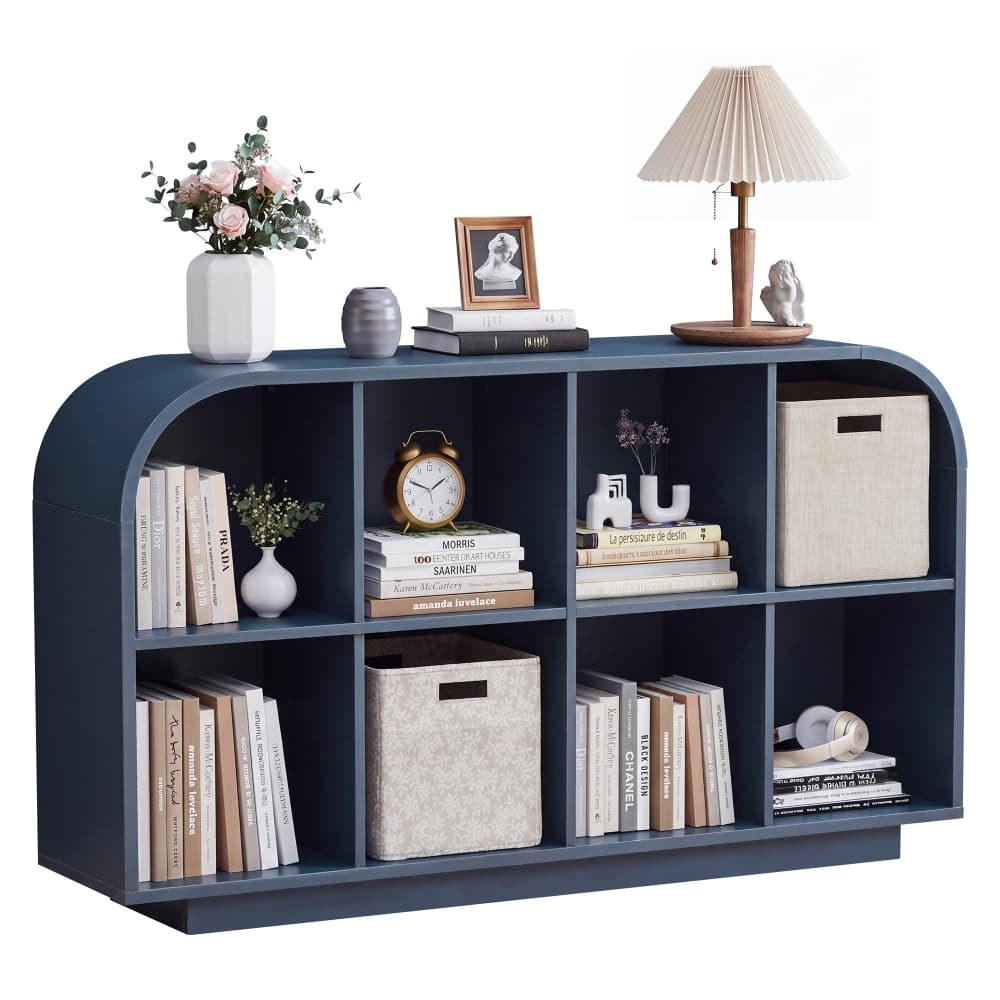 Blue 55.1" L Low Wooden Bookcase 8 Cube Storage Organizer with Curved Edge