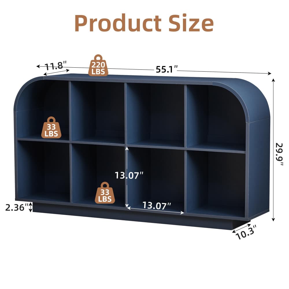 Blue 55.1" L Low Wooden Bookcase 8 Cube Storage Organizer with Curved Edge