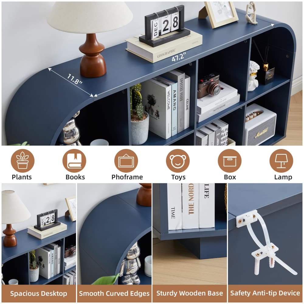 Blue 55.1" L Low Wooden Bookcase 8 Cube Storage Organizer with Curved Edge