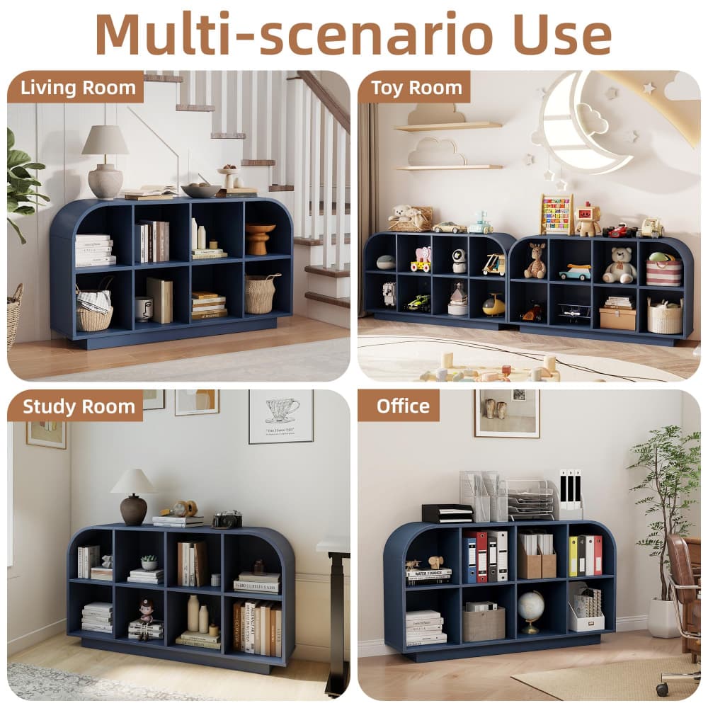 Blue 55.1" L Low Wooden Bookcase 8 Cube Storage Organizer with Curved Edge