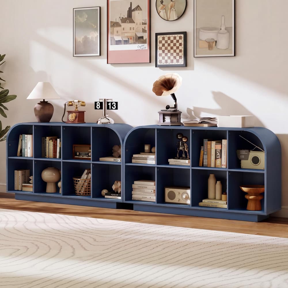 Blue 55.1" L Low Wooden Bookcase 8 Cube Storage Organizer with Curved Edge