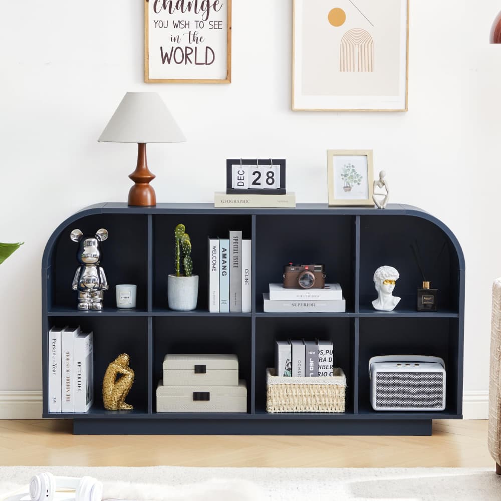 Blue 55.1" L Low Wooden Bookcase 8 Cube Storage Organizer with Curved Edge