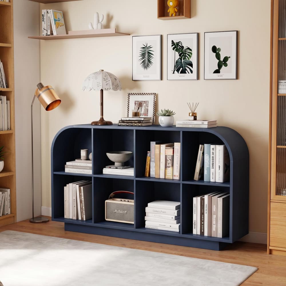 Blue 55.1" L Low Wooden Bookcase 8 Cube Storage Organizer with Curved Edge