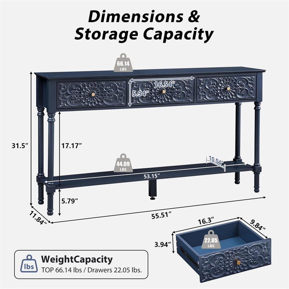 Navy blue console table with dimensions and storage capacity details on a white background