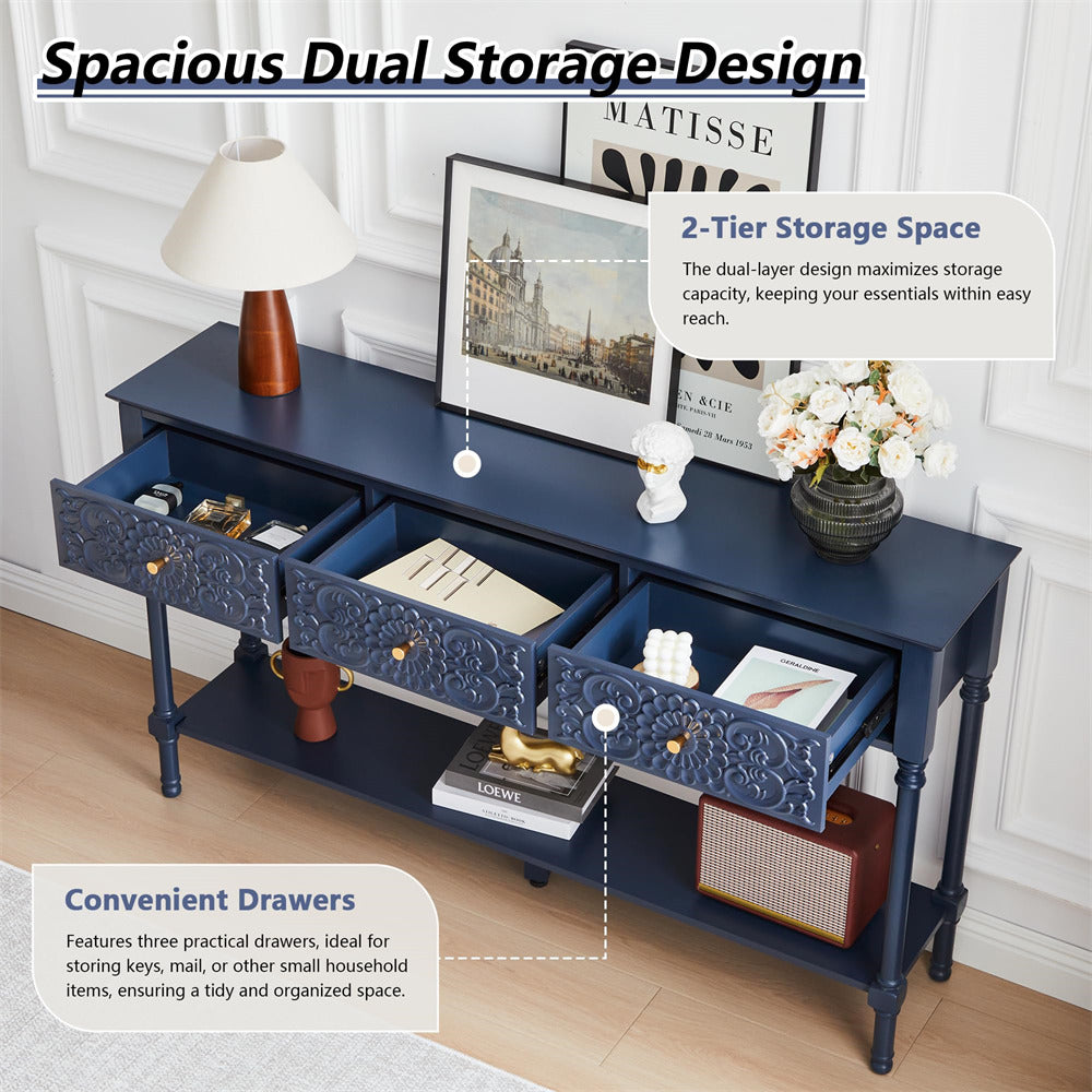 Blue storage console table with two-tier design and drawers in a room setting.