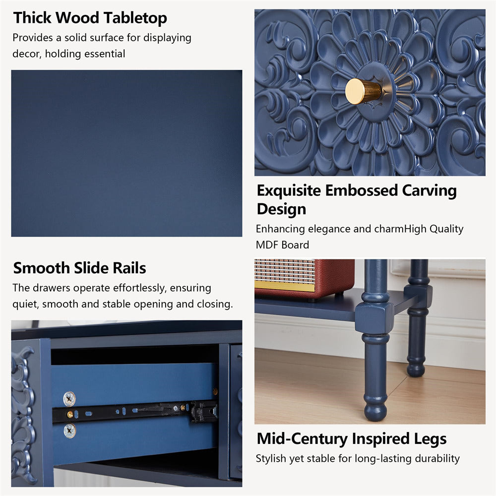 Blue cabinet with embossed carving design, smooth slide rails, and mid-century inspired legs.