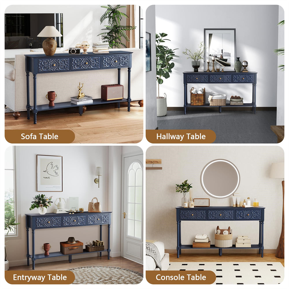 Collage of a blue console table in various room settings.