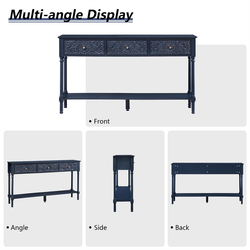 Navy console table shown from multiple angles on a white background
