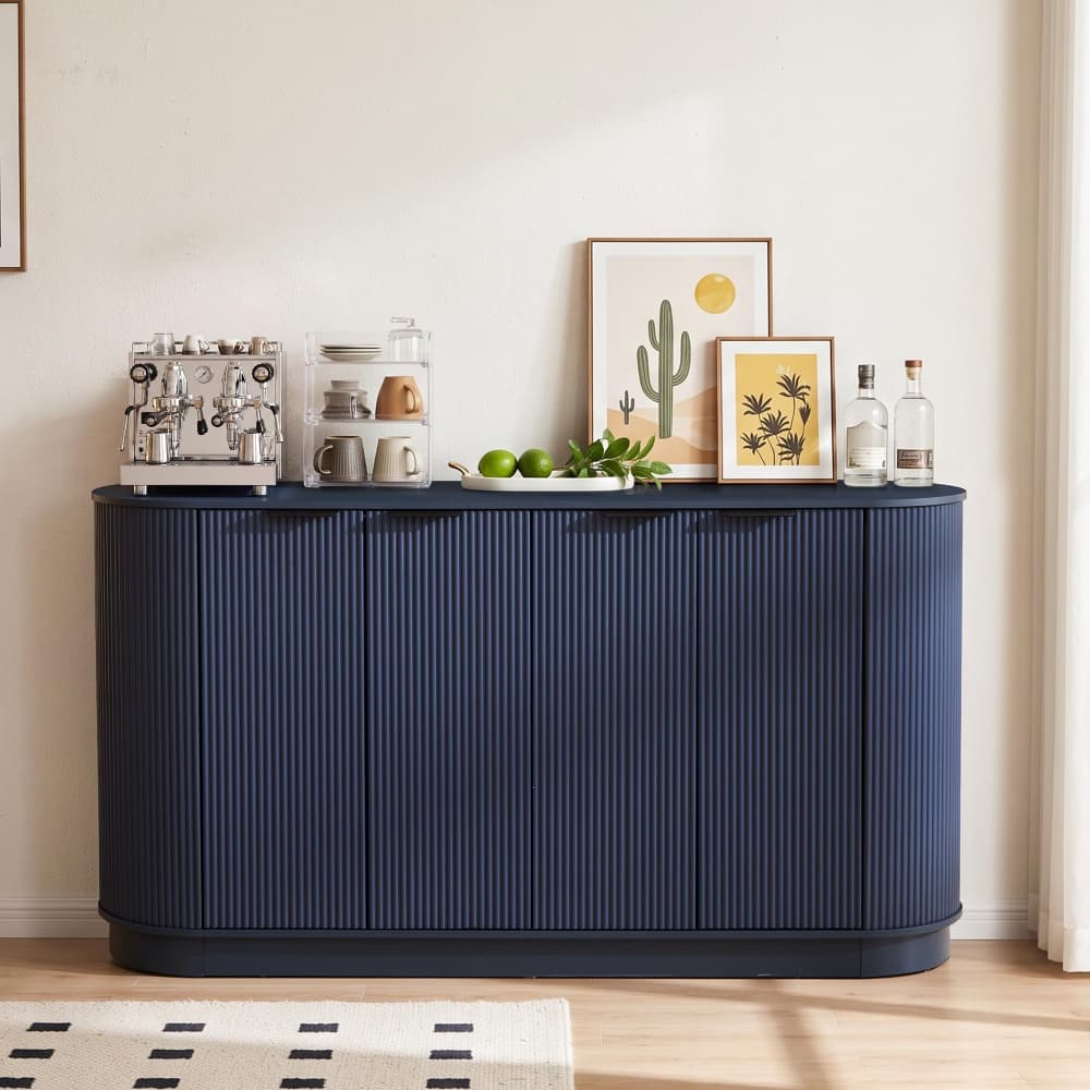 Blue 59” Modern Wood Fluted Sideboard Curved Credenza with 4 Doors & Adjustable Shelves