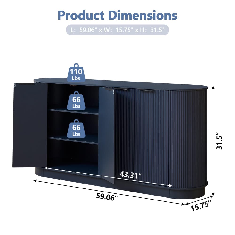 Blue 59” Modern Wood Fluted Sideboard Curved Credenza with 4 Doors & Adjustable Shelves