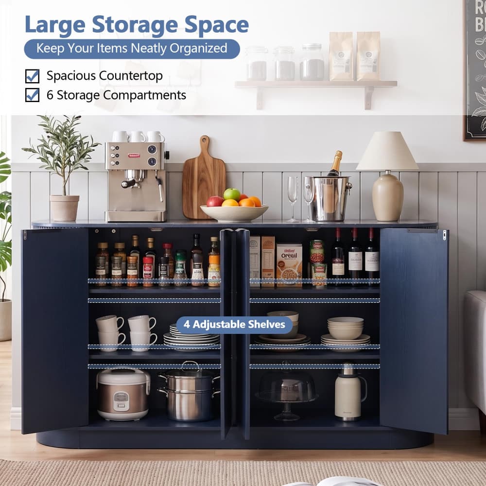 Blue 59” Modern Wood Fluted Sideboard Curved Credenza with 4 Doors & Adjustable Shelves