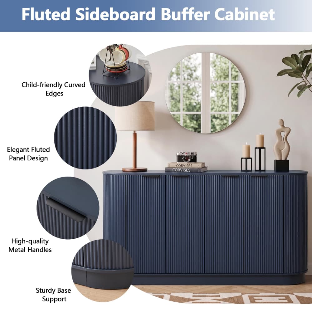 Blue 59” Modern Wood Fluted Sideboard Curved Credenza with 4 Doors & Adjustable Shelves