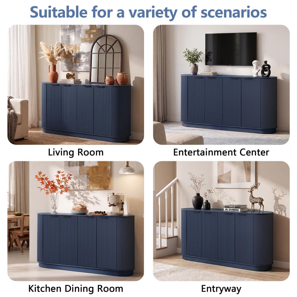 Blue 59” Modern Wood Fluted Sideboard Curved Credenza with 4 Doors & Adjustable Shelves