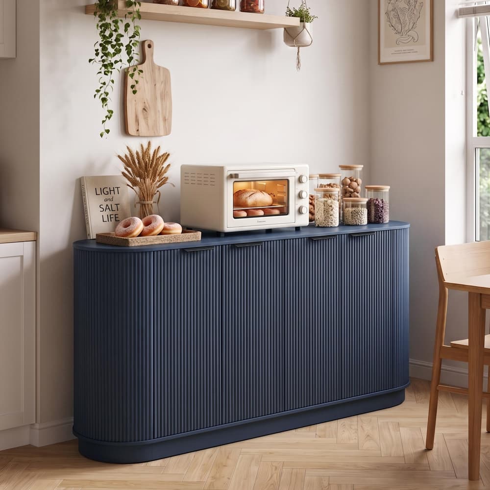 Blue 59” Modern Wood Fluted Sideboard Curved Credenza with 4 Doors & Adjustable Shelves