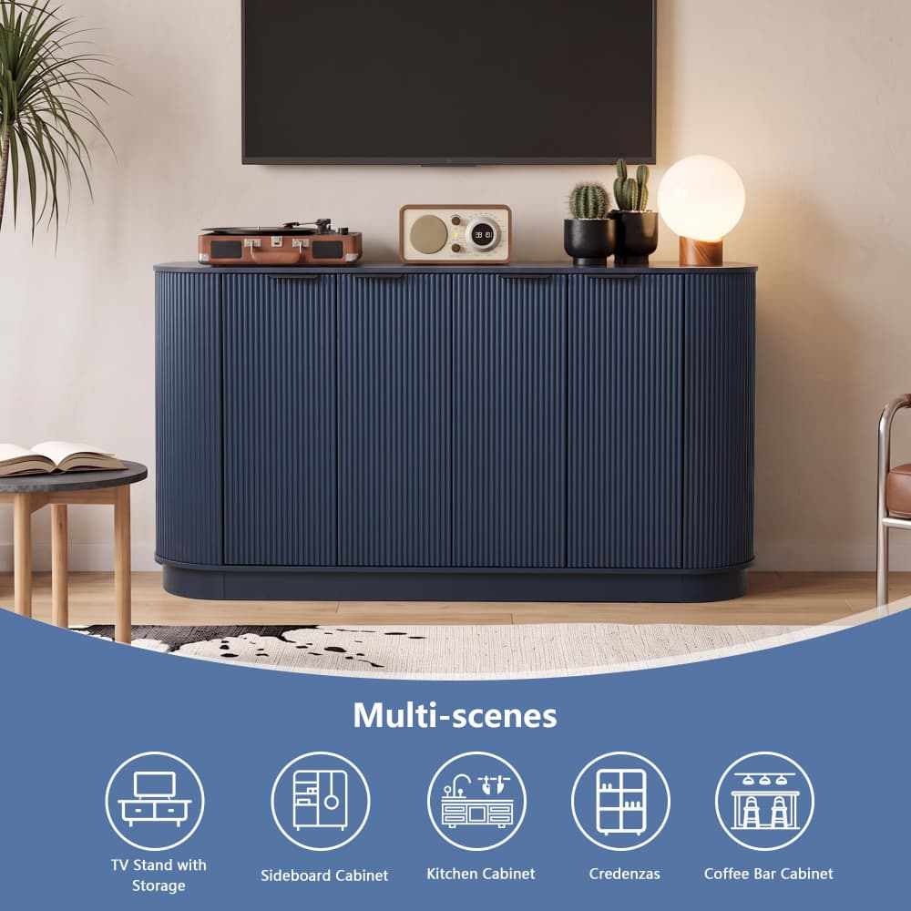 A navy blue ribbed TV stand cabinet shown in a styled living room setting with a TV, lamp, plants, and side table. A blue banner at the bottom reads 'Multi-scenes' with icons for TV stand, sideboard cabinet, kitchen cabinet, credenza, and coffee bar cabinet.