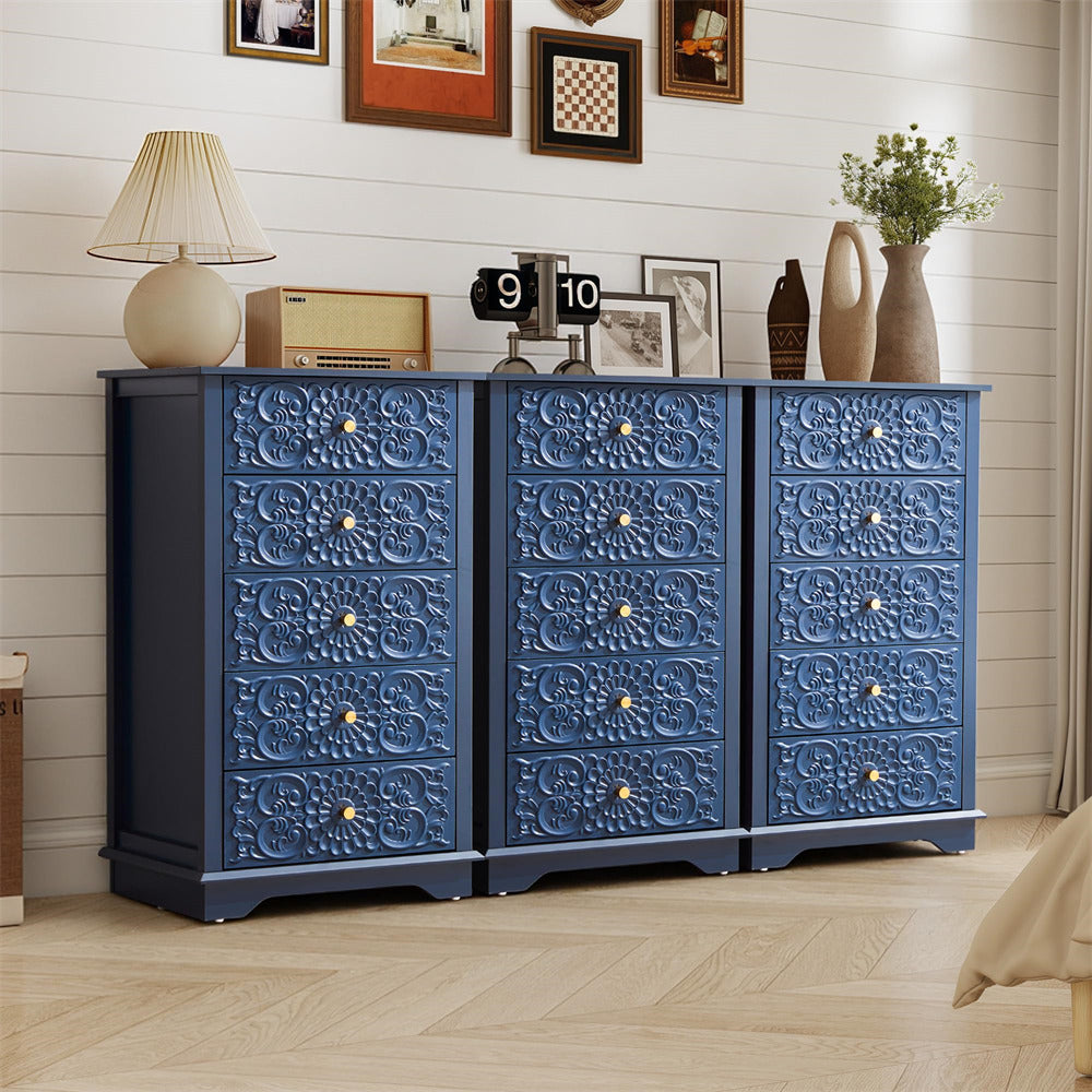 Blue decorative cabinet with ornate patterns in a room setting.