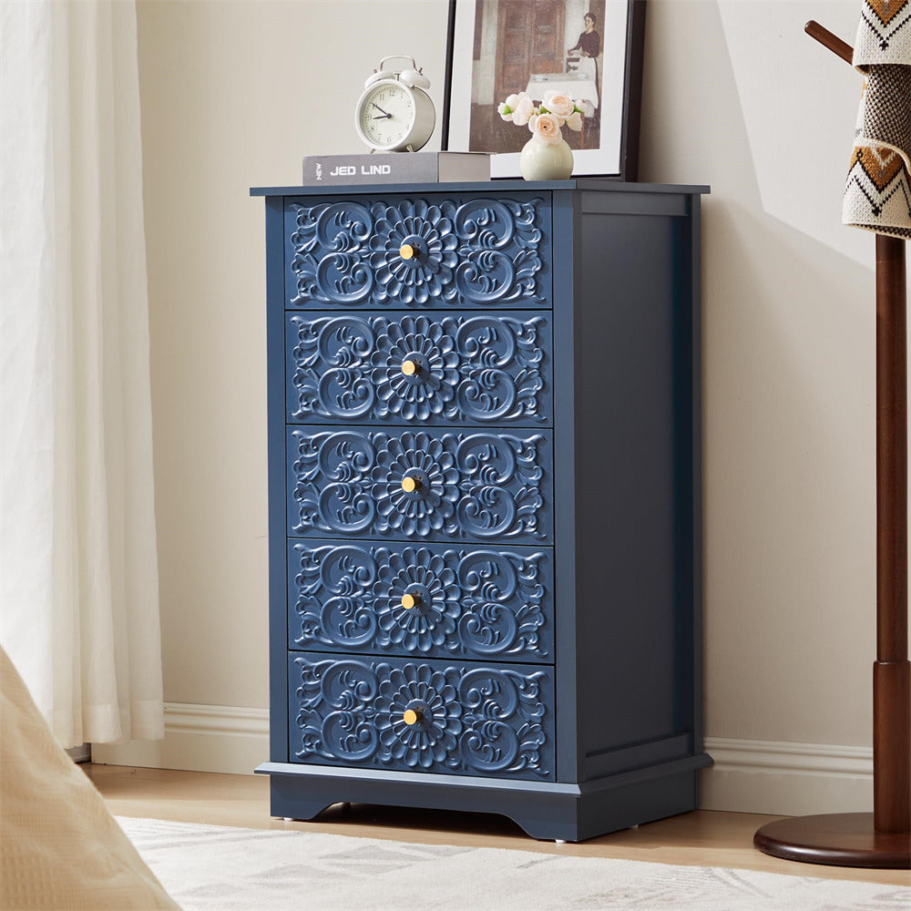Blue 5 Drawer Dresser Slim Small Wooden Storage Cabinet with Carved Floral Front and Gold Handles