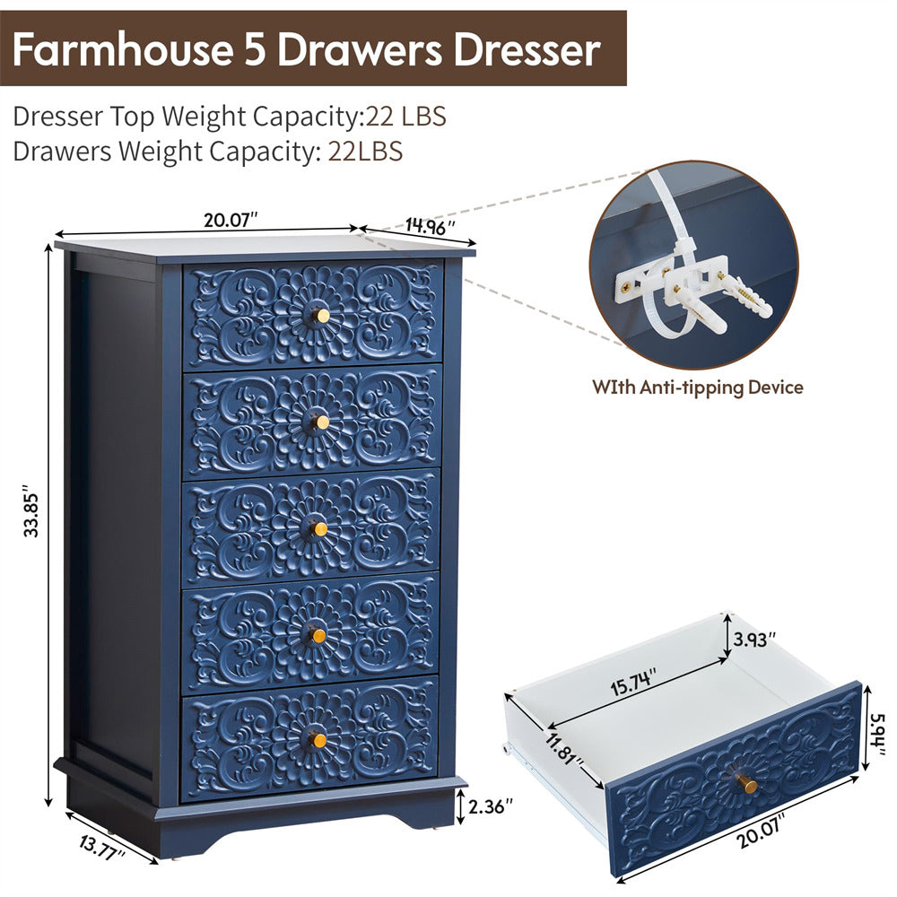 Farmhouse 5 Drawers Dresser with dimensions and weight capacity details on a white background