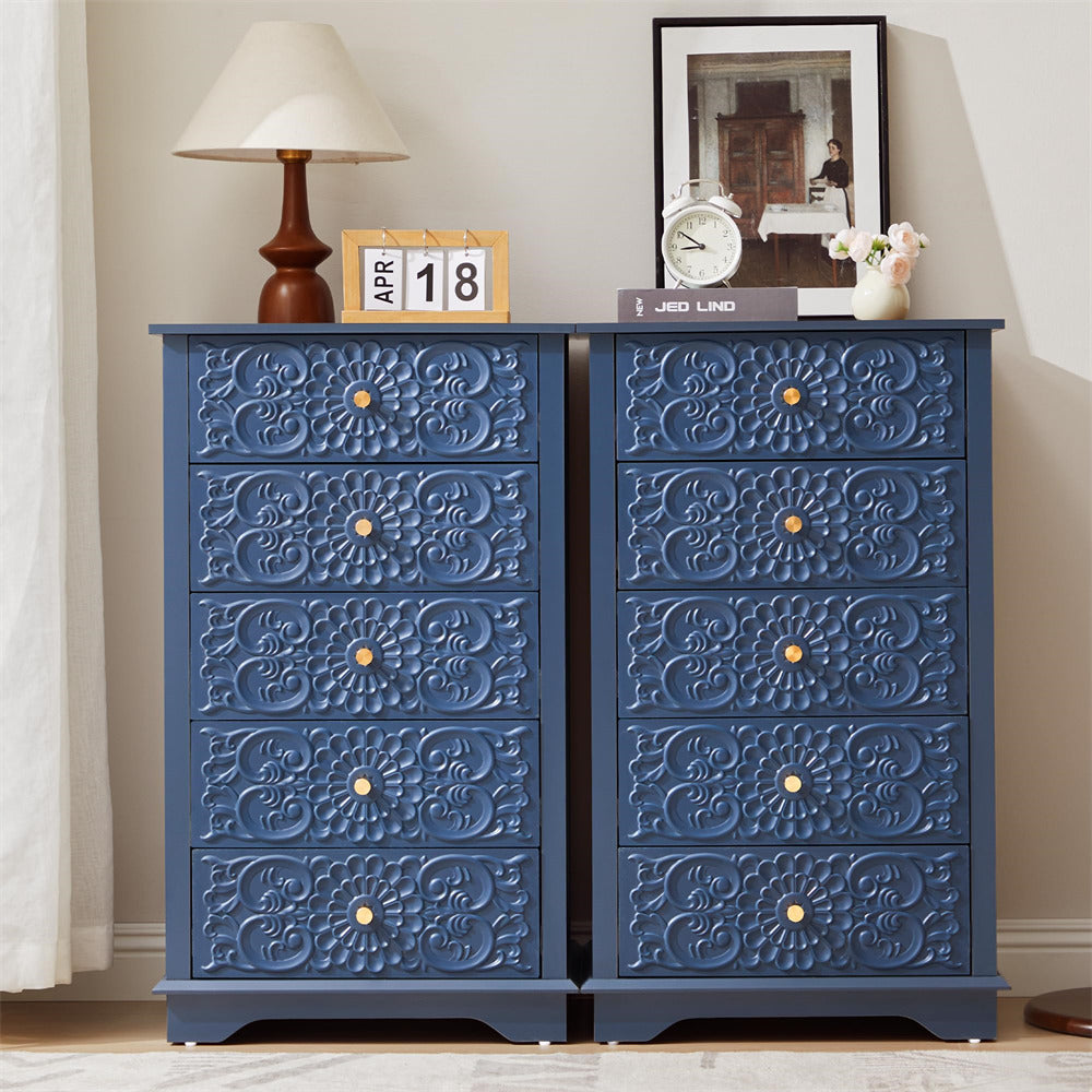Blue dresser with decorative patterns in a room setting