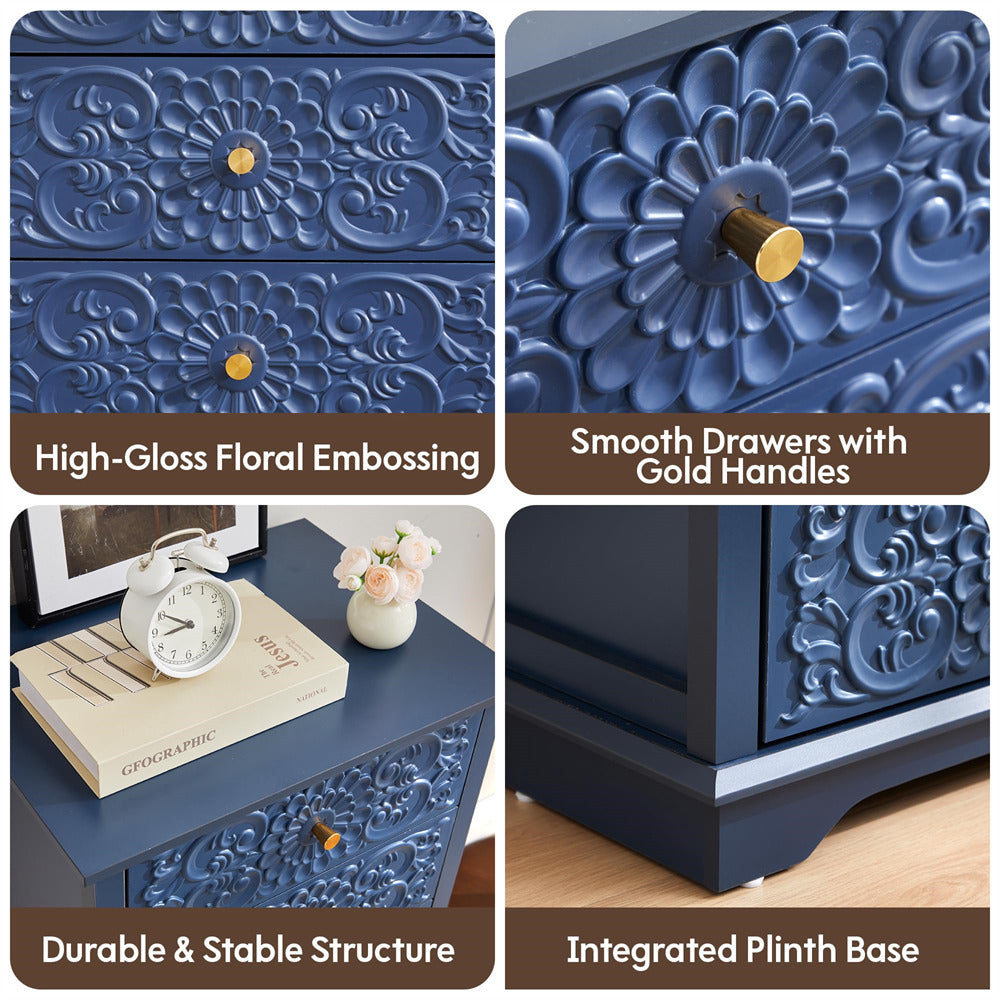 Collage of a blue cabinet with floral embossing, gold handles, and decorative elements.