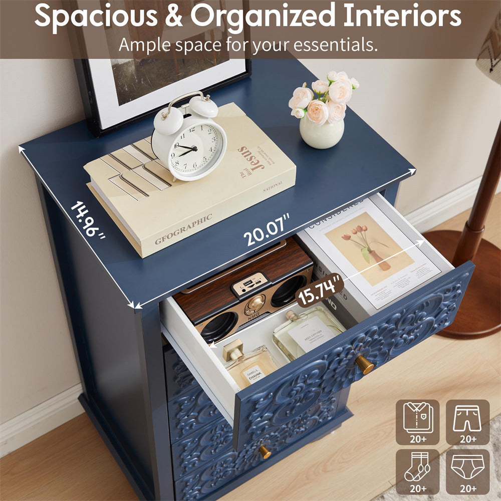 Blue nightstand with open drawer displaying items, text about spacious and organized interiors.