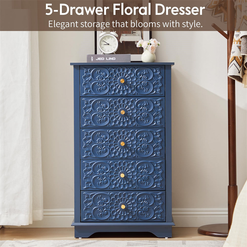 Blue floral-patterned dresser with five drawers in a room setting.