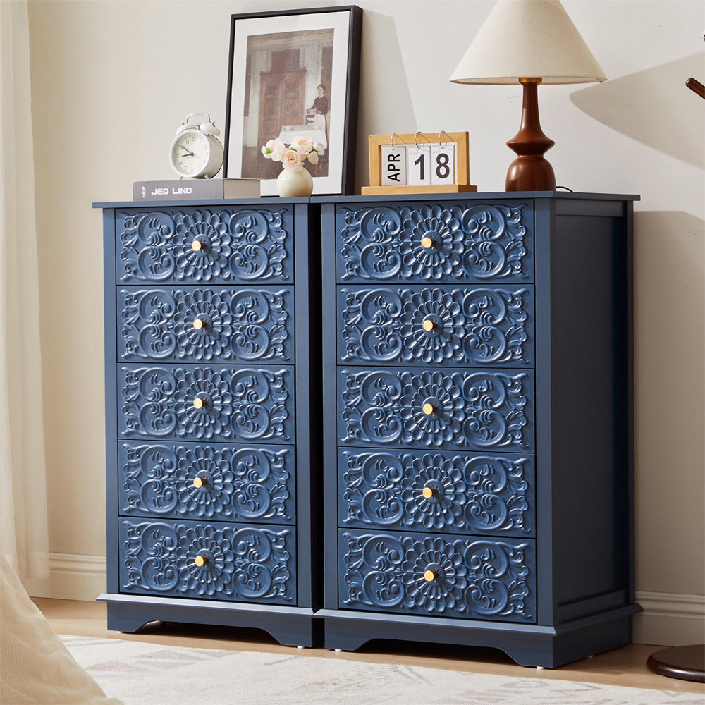 Blue 5 Drawer Dresser Slim Small Wooden Storage Cabinet with Carved Floral Front and Gold Handles