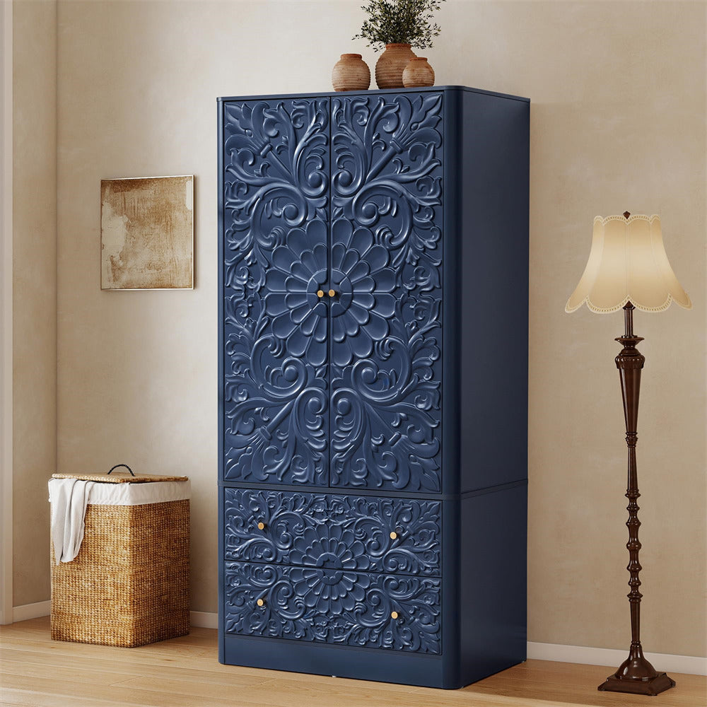 Blue 65.9”H Freestanding 2-Door Wooden Wardrobe Closet Armoire with Hanging Rod & 2 Drawers