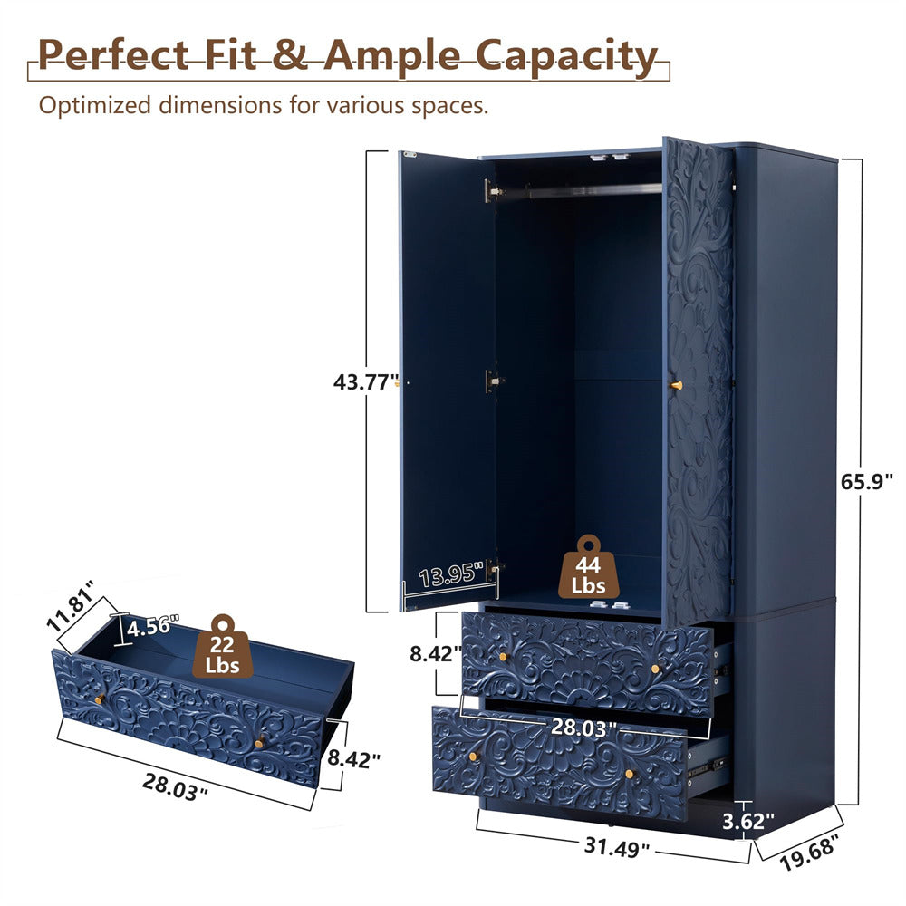 A navy blue storage cabinet with ornate drawer fronts and two open doors, shown with dimension labels and weight indicators on a white background. Text at the top reads 'Perfect Fit & Ample Capacity' and 'Optimized dimensions for various spaces.