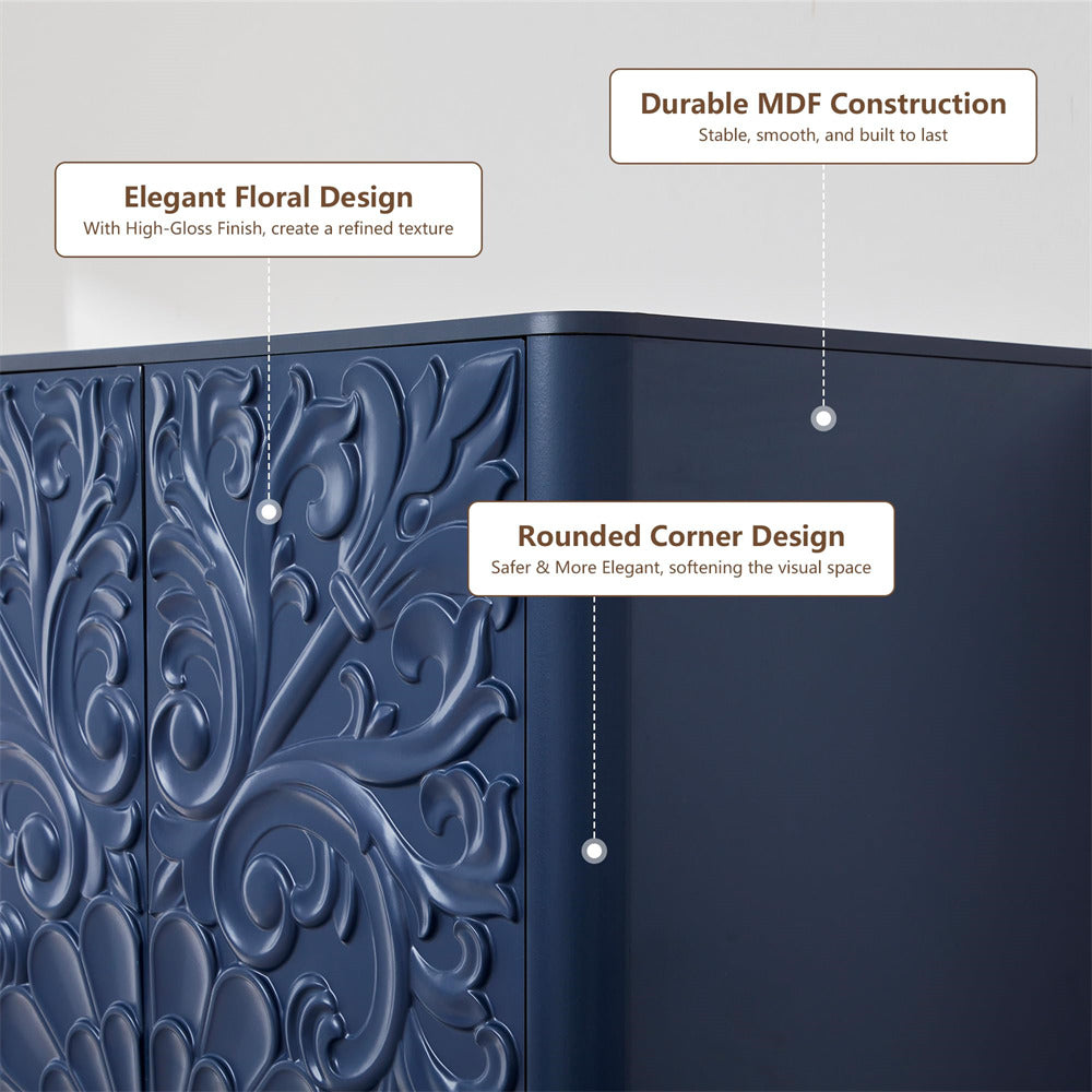Dark navy blue MDF cabinet corner with embossed floral scrollwork panels, shown with three callout text boxes describing elegant floral design, durable MDF construction, and rounded corner design.