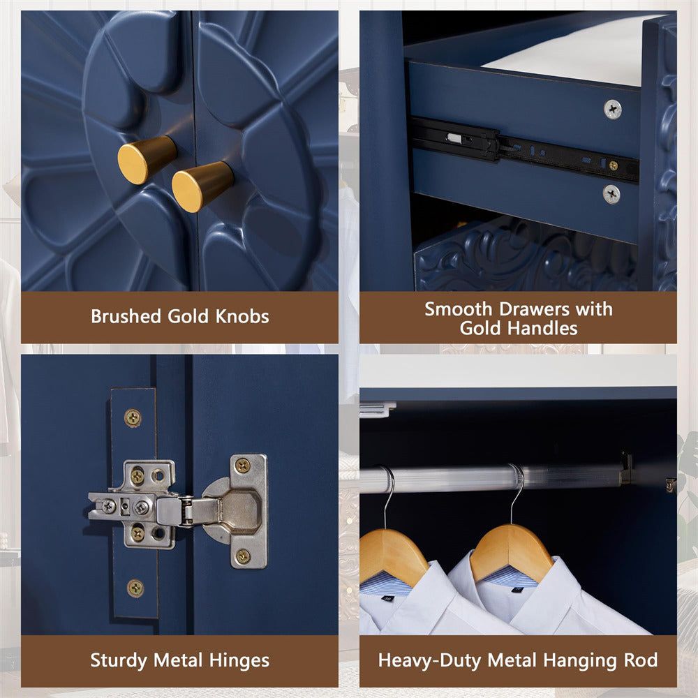A four-panel product feature collage of a navy blue wardrobe or cabinet. The top-left panel shows two brushed gold cabinet knobs on a textured door, labeled 'Brushed Gold Knobs'.