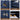 A four-panel product feature collage of a navy blue wardrobe or cabinet. The top-left panel shows two brushed gold cabinet knobs on a textured door, labeled 'Brushed Gold Knobs'.