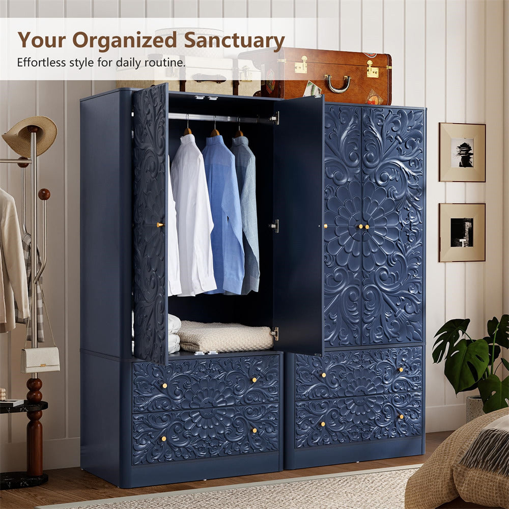 A large navy blue embossed wardrobe with floral carvings and small gold knobs, shown open with hanging shirts and folded bedding in a styled bedroom setting. Text at the top reads, 'Your Organized Sanctuary Effortless style for daily routine.