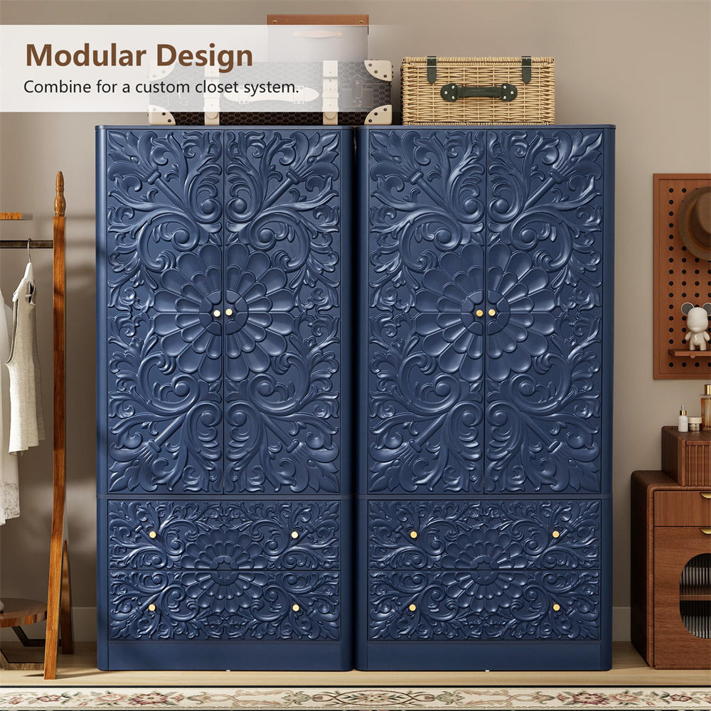 A pair of tall modular wardrobe doors in dark navy blue with ornate embossed floral scrollwork and small gold knobs, shown in a styled room setting with text reading 'Modular Design' at the top.