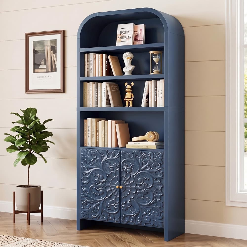 Blue 70" Tall Arched 6-Tier Bookcase with Floral Doors and Tip-Over Kit Included