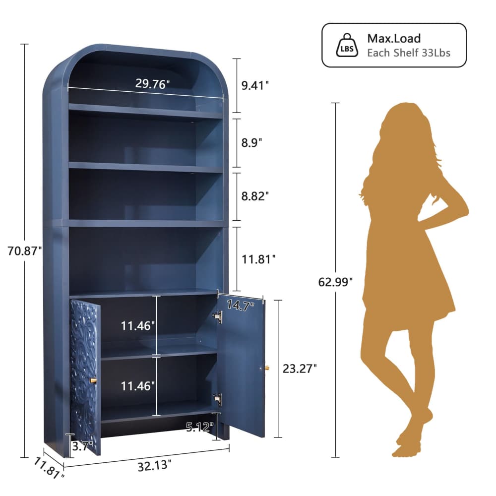 Blue 70" Tall Arched 6-Tier Bookcase with Floral Doors and Tip-Over Kit Included