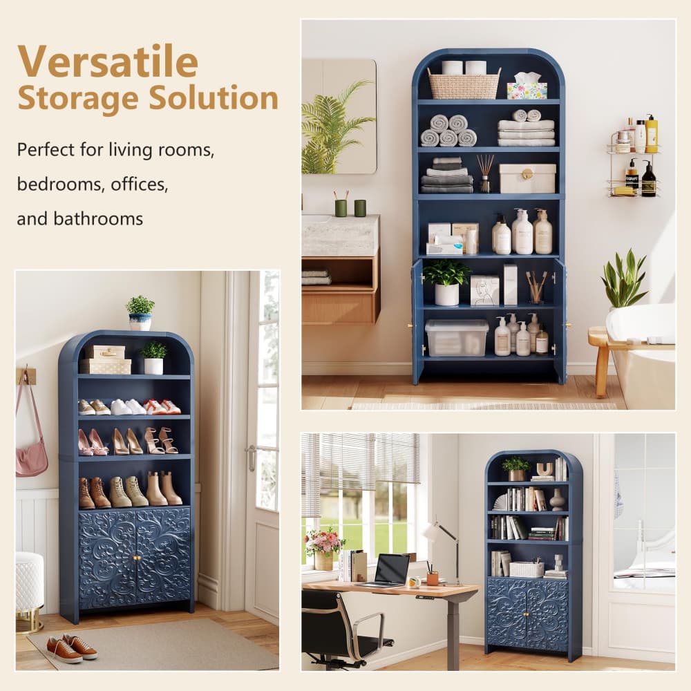 Blue 70" Tall Arched 6-Tier Bookcase with Floral Doors and Tip-Over Kit Included