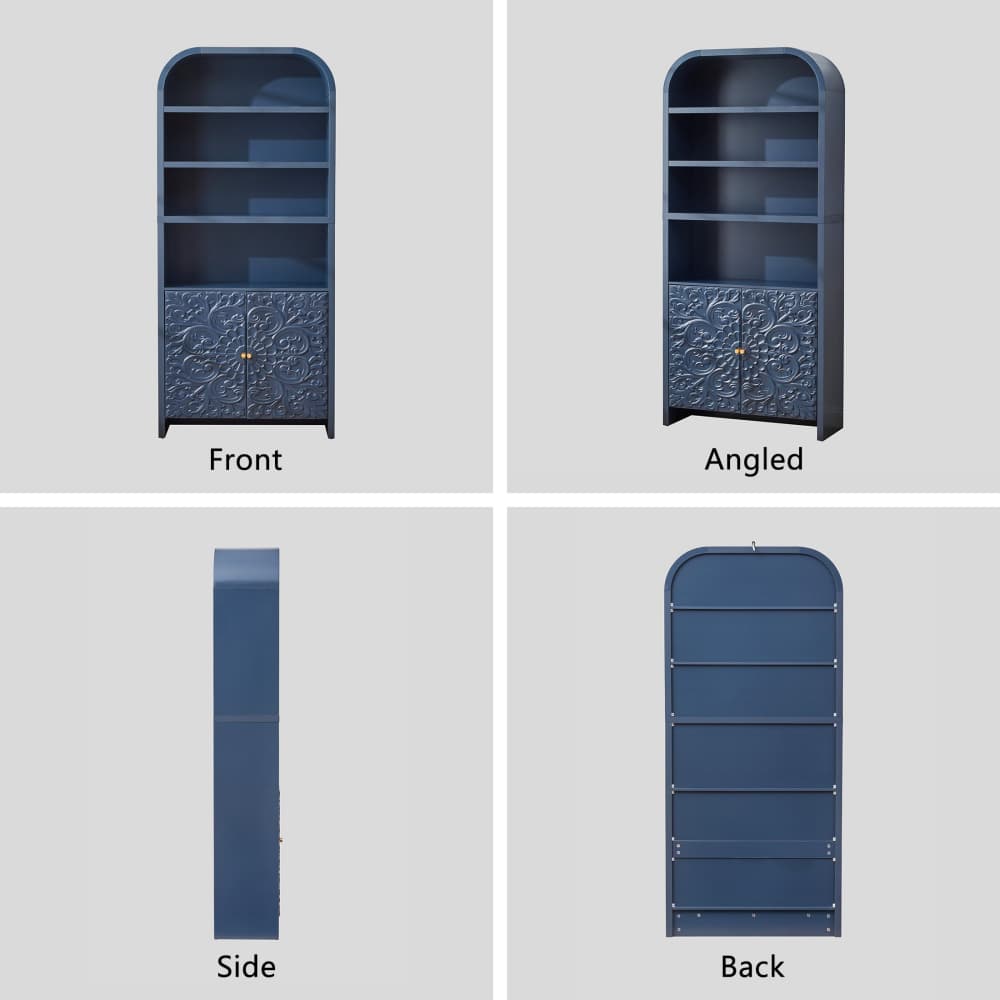 Blue 70" Tall Arched 6-Tier Bookcase with Floral Doors and Tip-Over Kit Included