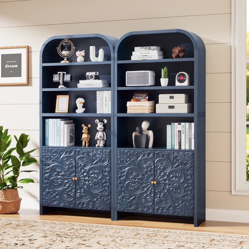 Blue 70" Tall Arched 6-Tier Bookcase with Floral Doors and Tip-Over Kit Included